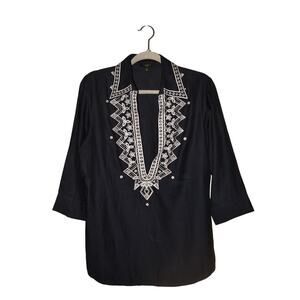 TALBOTS $89 Navy Embroidered Deep V-Neck Tunic Top 3/4 Sleeves Size‎ 10